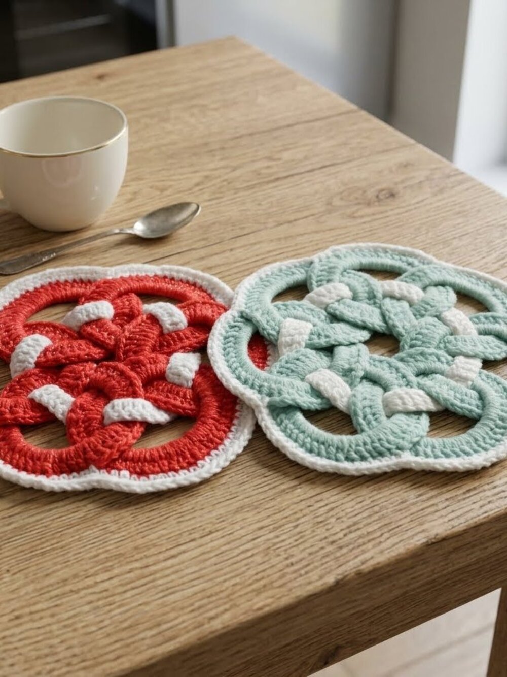 2 Handmade Round Crocheted Interlocking Rings Trivets Kitchen Table Linens